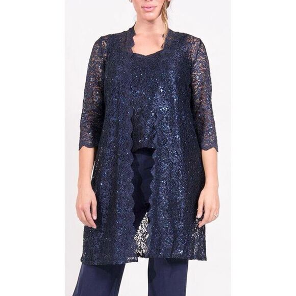 R&M Richards Open Cardigan Size 12 Petite Sequined‎ Lace Scalloped NEW - Picture 1 of 9